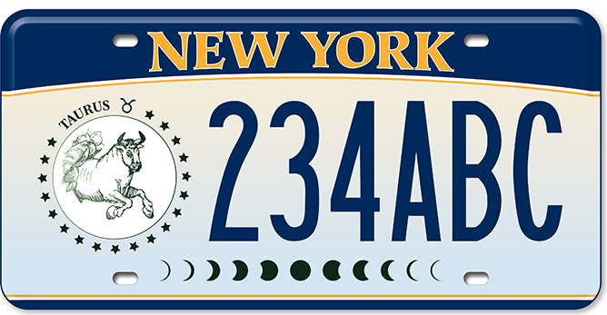 The New York State Department of Motor Vehicles debuted new custom zodiac license plates on Wednesday.  The Taurus-specific picture is green and contains the Taurus symbol of a bull.