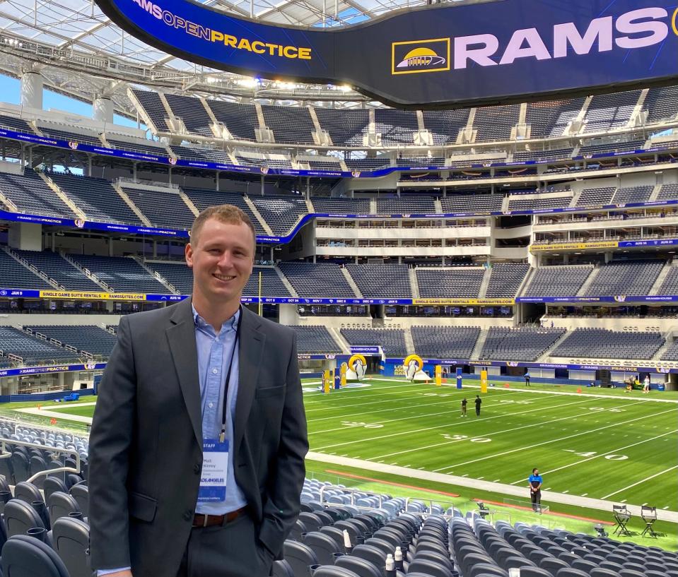 Matt McKinney, who grew up in Springfield, is pictured here at SoFi Stadium in Los Angeles when he worked for Sugerman Communications Group, Inc. A former newspaper reporter, McKinney will address the Springfield Public Schools Foundation at Erin's Pavillion on March 9.