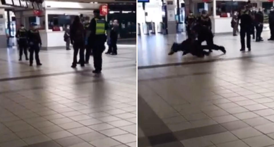 A video shared to social media shows a man being thrown by Victoria Police on Wednesday at flinders Street Station in Melbourne. Source: Twitter