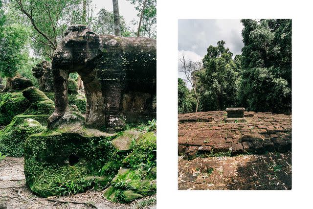 <p>Christopher Wise</p> From left: Stone animal carvings line a pond at Mahendraparvata; the summit of Rong Chen, a pyramid-temple on Phnom Kulen.