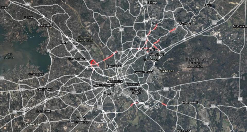 A map of the Columbia metro area. The parts in red are sections of roads that have the highest rates of collisions in the area, according to the South Carolina Department of Public Safety.