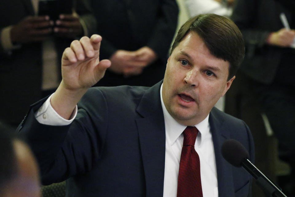 Cliff Johnson, director of the MacArthur Justice Center, speaks to lawmakers about current corrections issues at a joint hearing of the House Corrections and Judiciary B Committees, Thursday, Feb. 13, 2020 at the Capitol in Jackson, Miss. (AP Photo/Rogelio V. Solis)