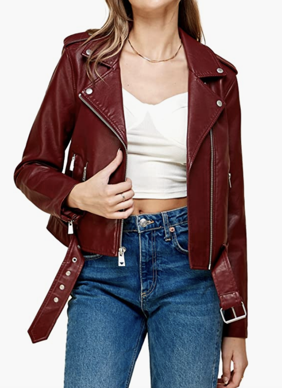 17) Faux Leather Belted Moto Jacket