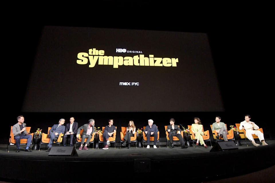 From left: Viet Thanh Nguyen, Park Chan-wook and translator, Don McKellar, Robert Downey Jr., Susan Downey, Niv Fichman, Hoa Xuande, Sandra Oh, Fred Nguyen Khan, and Duy Nguyen onstage during HBO’s ‘The Sympathizer’ FYC event.