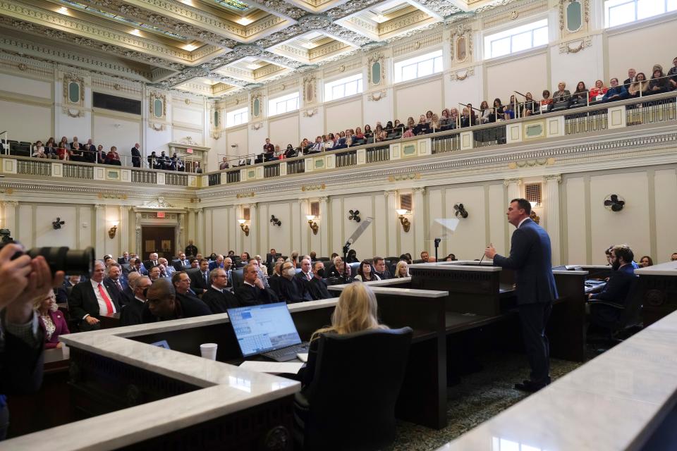 Oklahoma Gov. Kevin Stitt gives the State of the State address to a joint session of the legislature, Monday, February 7, 2022. 