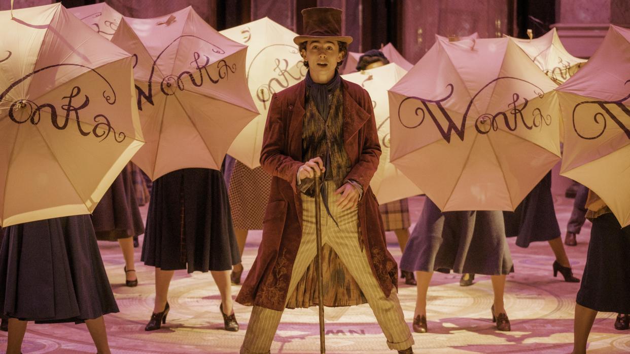  Timothée Chalamet as Willy Wonka during one of Wonka's musical numbers. 