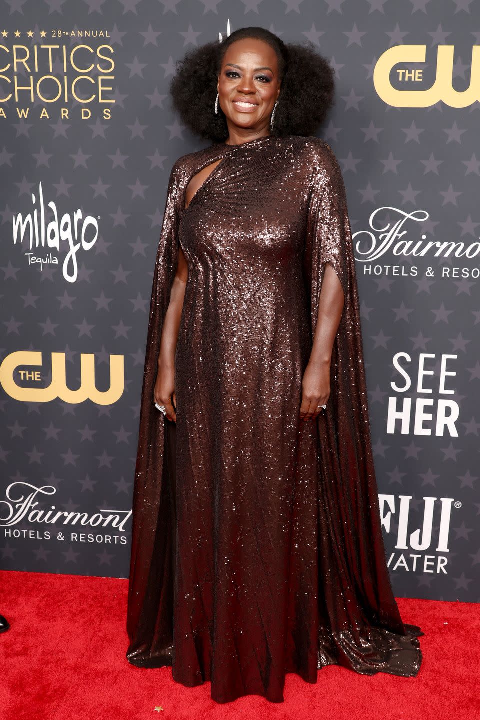 <p>Viola Davis and Valentino, a dream combination. The actress looked beautiful in a brown sequin caped dress by the house, which was custom designed for her, and featured a subtle cut-out detail on the shoulder.</p>
