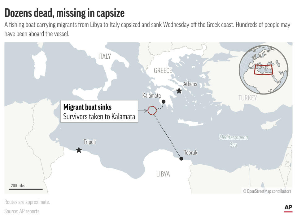 A fishing boat taking migrants to Italy from Libya sank in the Mediterranean Wednesday. (AP Graphic)