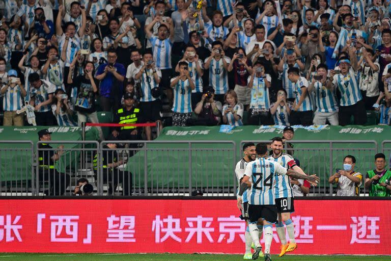 World champion Argentina celebrates a goal in the match against Australia last June in Beijing;  This time China did not want to host the team, partly because Messi missed Inter Miami's recent friendly with a team from Hong Kong.