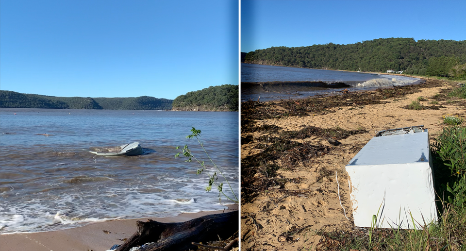 A water tank and a fridge washed up at Patonga. Source: Michael Dahlstrom