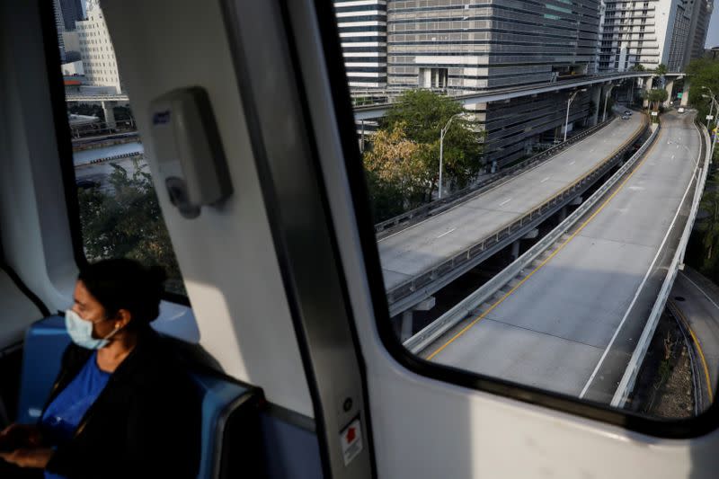 A general view of an almost empty highway during evening rush hour in downtown Miami