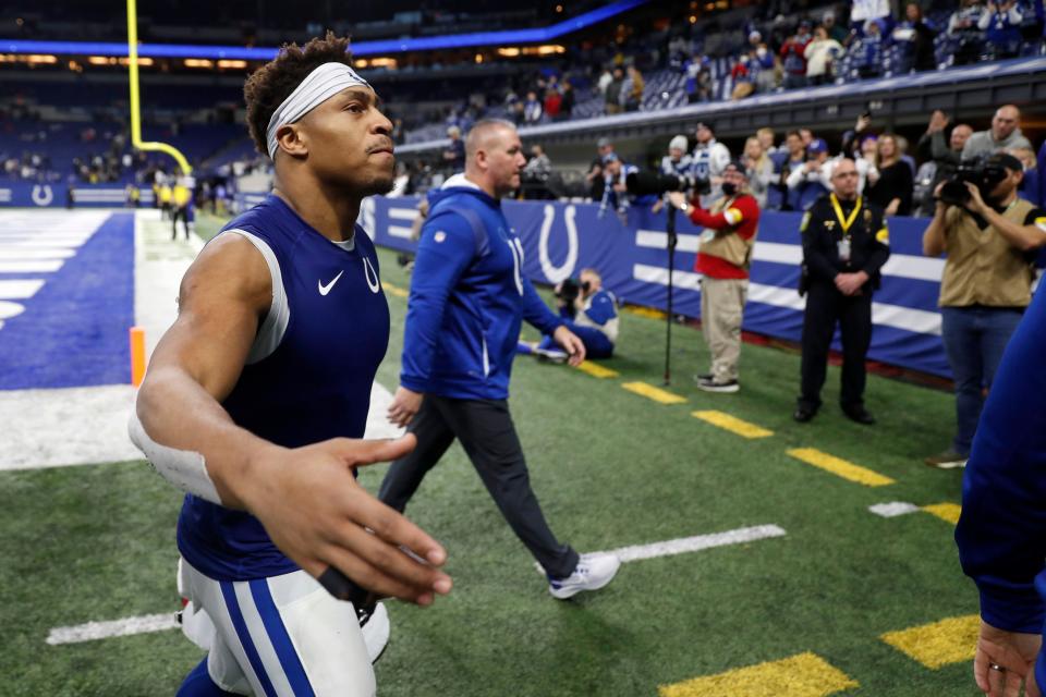 Indianapolis Colts running back Jonathan Taylor (28) leaves the field Sunday, Jan. 2, 2022, after losing to the Las Vegas Raiders at Lucas Oil Stadium in Indianapolis.