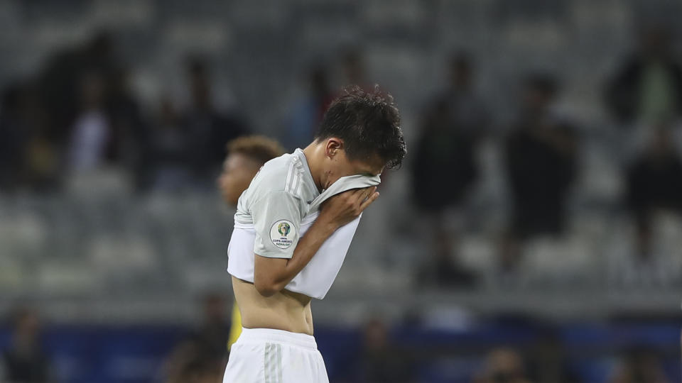 Japan's Daiki Sugioka reacts at the end of a Copa America Group C soccer match against Ecuador at the Mineirao stadium in Belo Horizonte, Brazil, Monday, June 24, 2019. Japan and Ecuador draw 1-1 and are eliminated from the tournament. (AP Photo/Ricardo Mazalan)