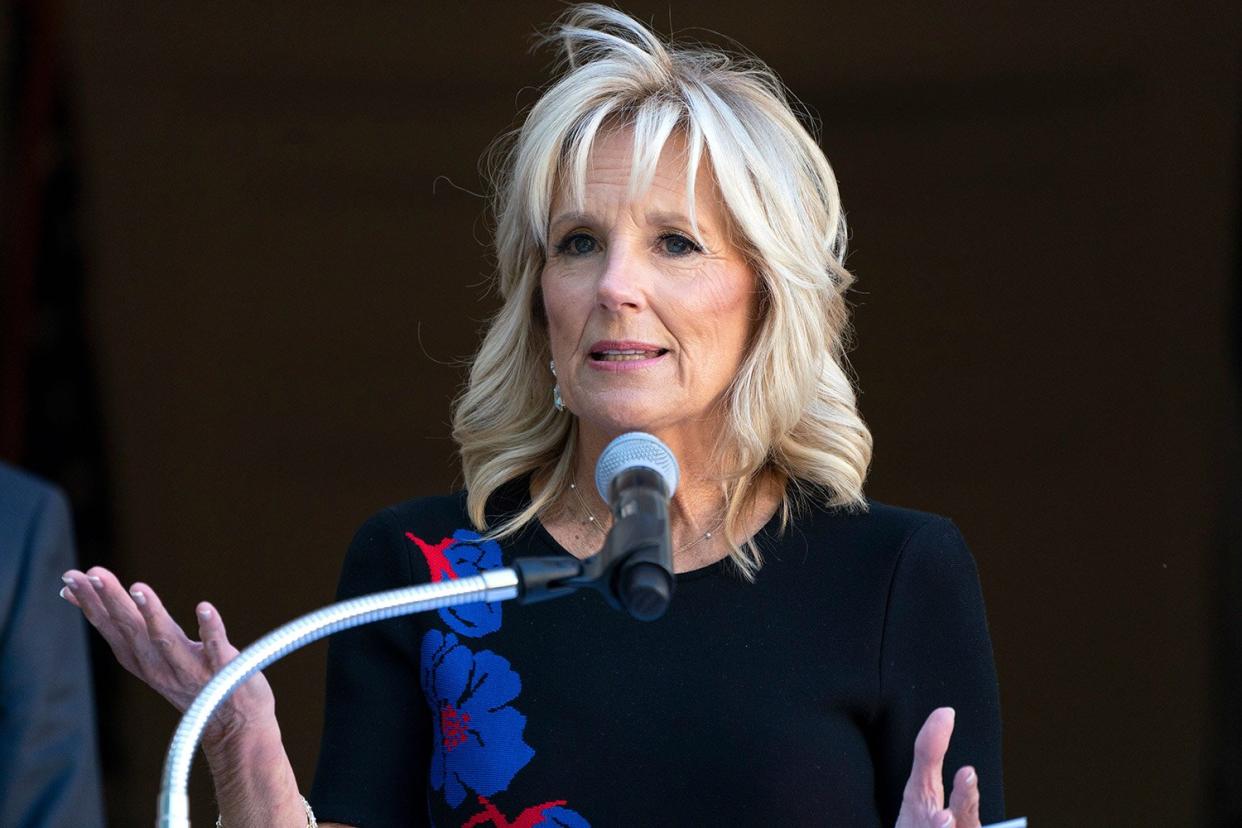 First lady Jill Biden speaks during an unveiling ceremony honoring former first lady Jacqueline Kenned