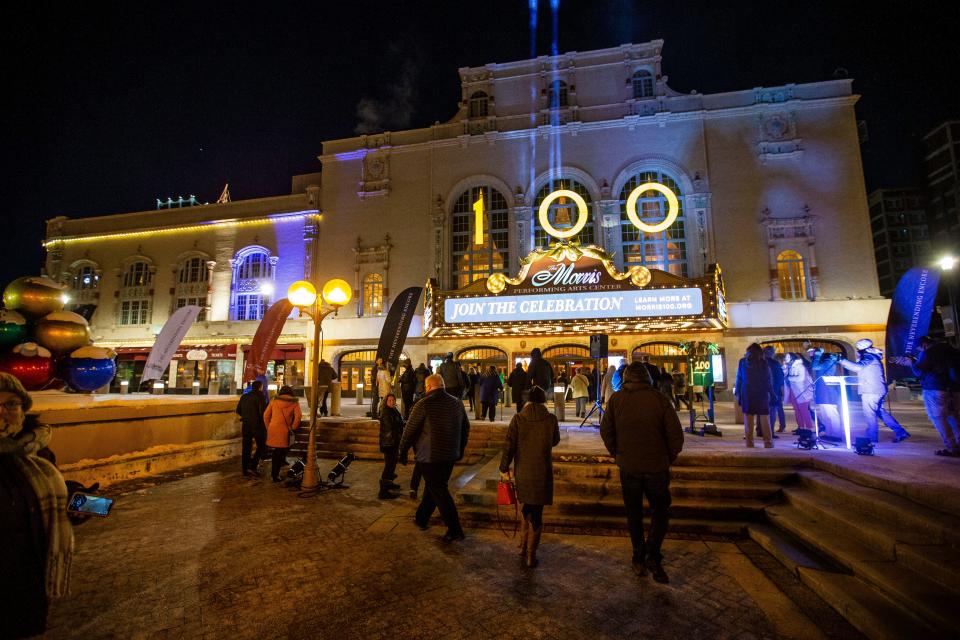 The number 100 is lit up at The Morris Performing Arts Center Friday, Jan. 7, 2021, in South Bend.