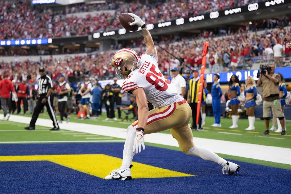 Coincidence or not, 49ers tight end George Kittle has receiving touchdowns in both games since San Francisco acquired running back Christian McCaffrey from Carolina.