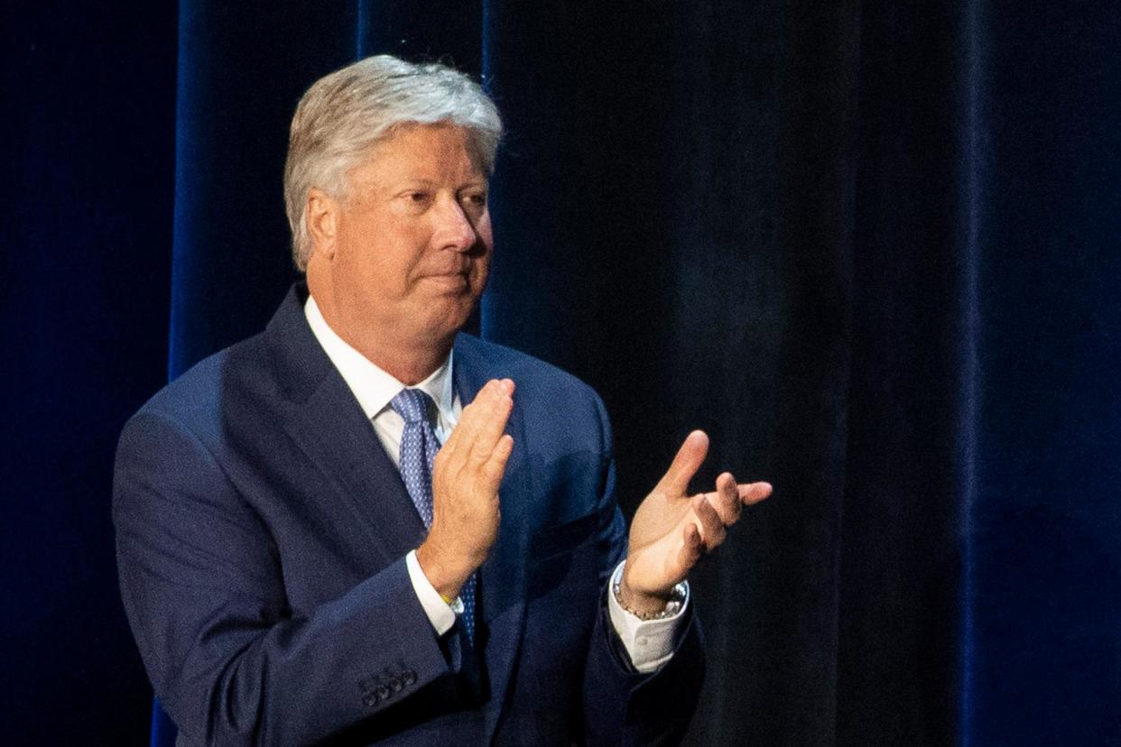 <span>Robert Morris applauds during a roundtable discussion at Gateway church in Dallas, Texas, on 11 June 2020.</span><span>Photograph: Alex Brandon/AP</span>