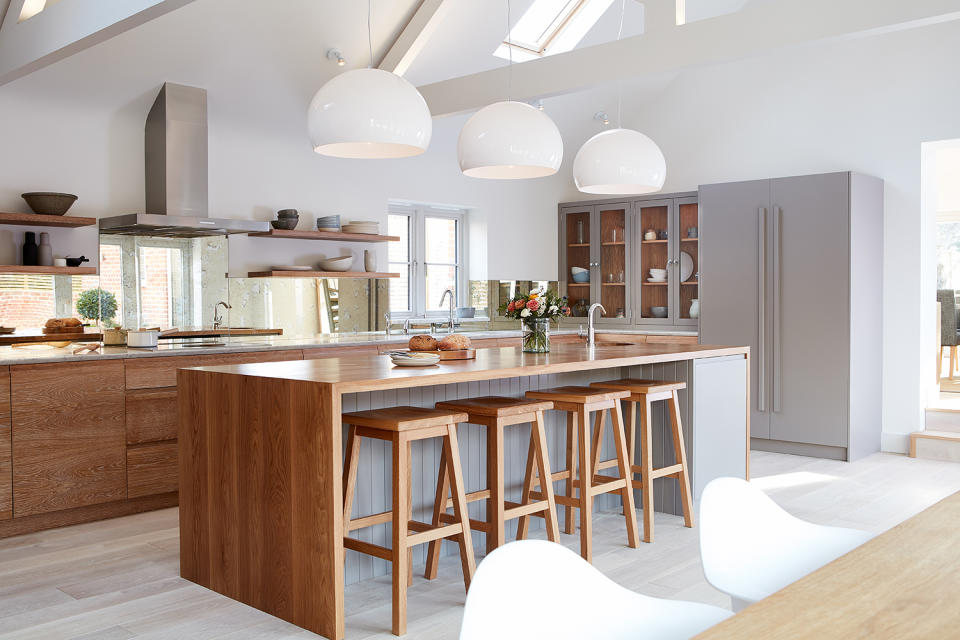 kitchen island with statement lighting