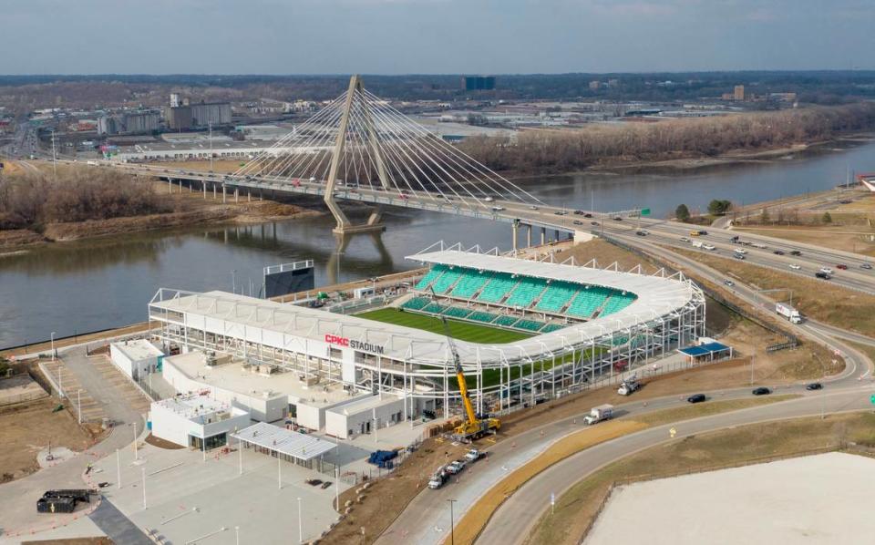 CPKC Stadium, the new home for the Kansas City Current women’s soccer team, sits on the Missouri River near the Christopher Bond Bridge.