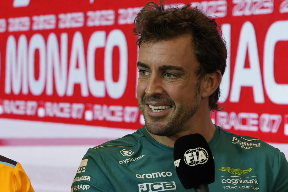 Aston Martin driver Fernando Alonso of Spain answers to reporters during a news conference at the Monaco racetrack, in Monaco, Thursday, May 25, 2023. The Formula one race will be held on Sunday. (AP Photo/Luca Bruno)