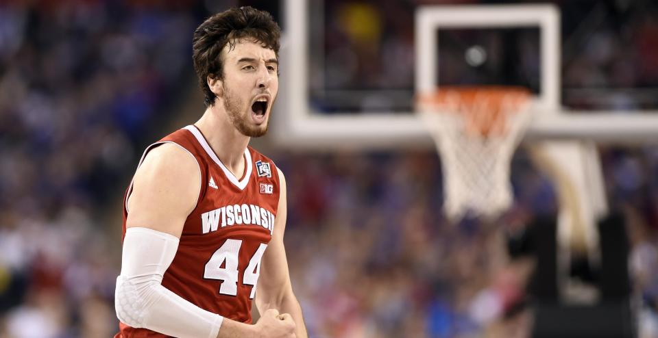 Apr 4, 2015; Indianapolis, IN, USA; Wisconsin Badgers forward Frank Kaminsky (44) reacts after a three-point basket against the Kentucky Wildcats in the first half of the 2015 NCAA Men’s Division I Championship semi-final game at Lucas Oil Stadium. Mandatory Credit: Bob Donnan-USA TODAY Sports