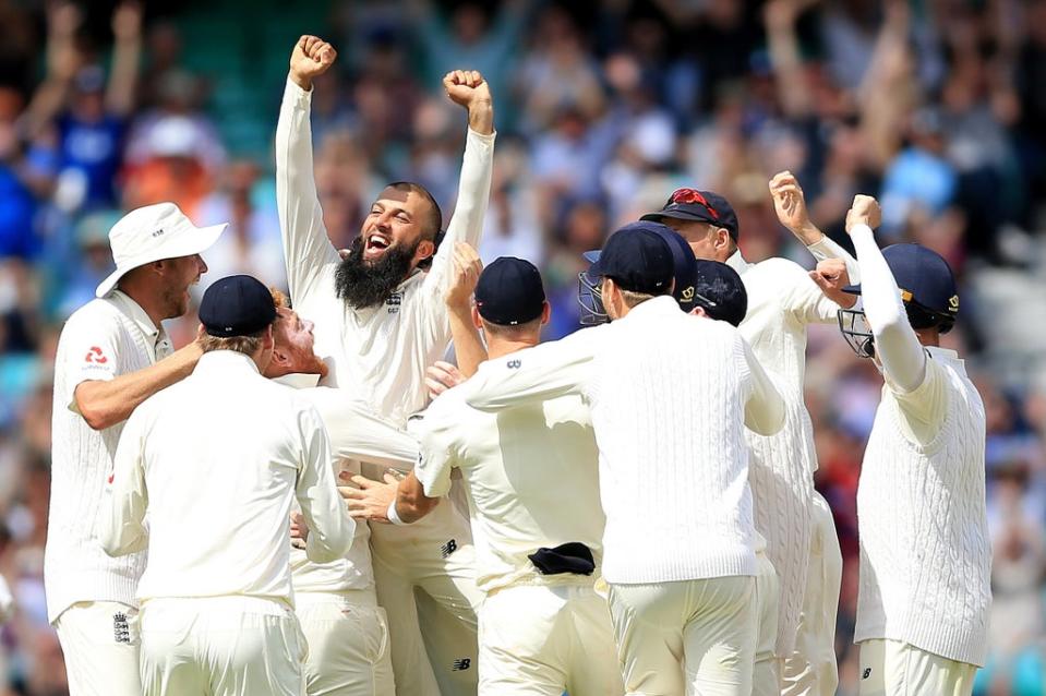 Mooen Ali celebrates his hat-trick against South Africa in 2017 (Nigel French/PA) (PA Archive)