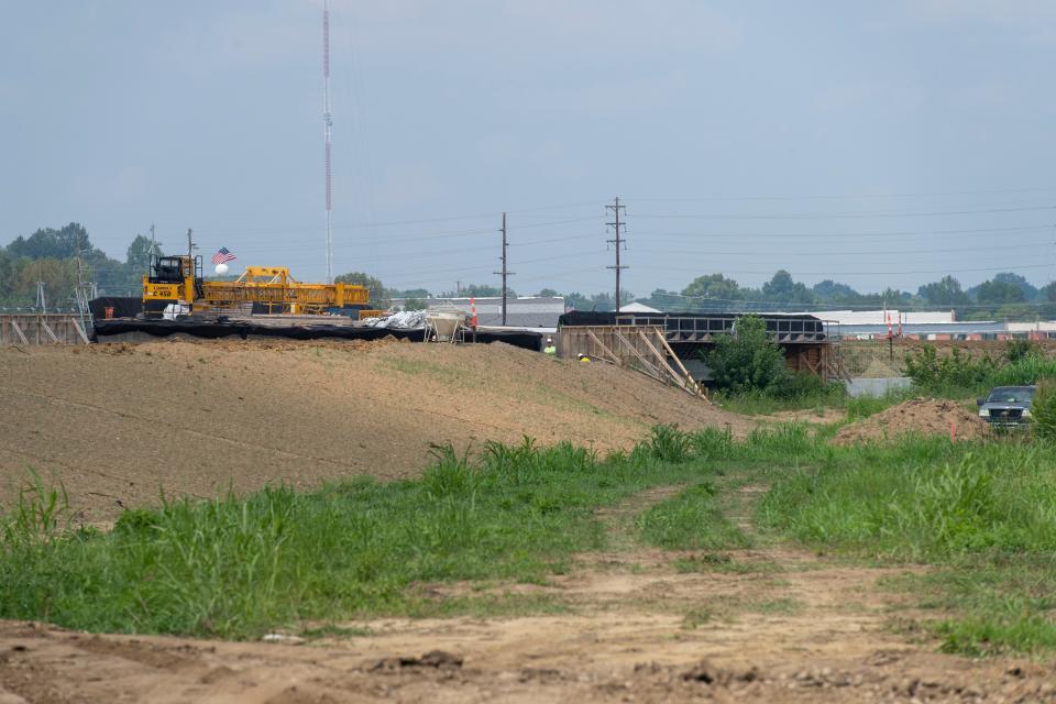 Construction work continues on the first section of the I-69 Ohio River Crossing in Henderson, Ky., Tuesday, Aug. 22, 2023.