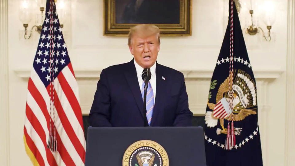 President Donald Trump gives an address, a day after his supporters stormed the U.S. Capitol in Washington, U.S., in this still image taken from video provided on social media on  January 8, 2021. Donald J. Trump via Twitter/via Reuters)