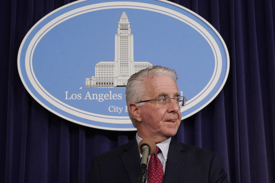 Los Angeles City Council President Paul Krekorian holds a press conference to discuss action "to preserve public trust" following the filing of charges against Los Angeles Councilmember Curren Price Jr. in Los Angeles, Wednesday, June 14, 2023. Prosecutors have charged Price Jr. with embezzlement and perjury in the latest criminal case to upend the scandal-plagued governing board of the nation's second-largest city. (AP Photo/Damian Dovarganes)