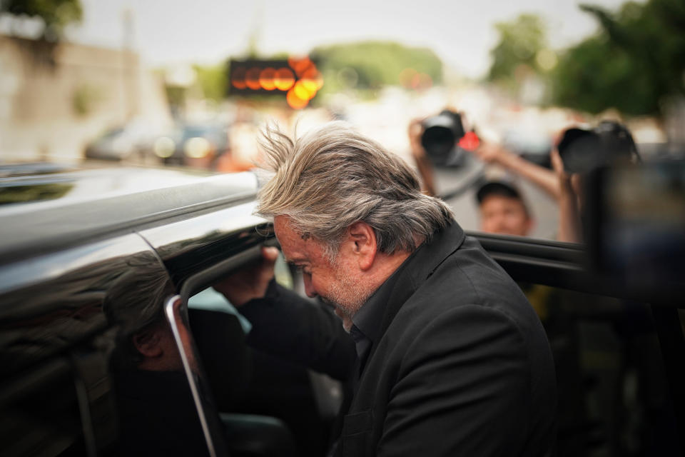 Image:  Steve Bannon walks out of U.S. District Court in Washington on July 22, 2022. (Frank Thorp V / NBC News)