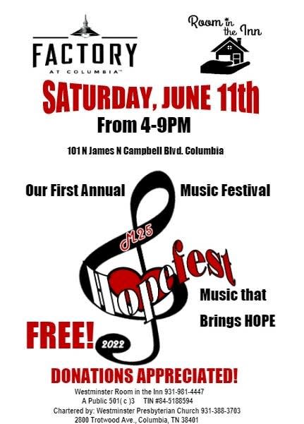 The first Hopefest will take place from 4-9 p.m. Saturday, June 11 at The Factory at Columbia, featuring a free gospel concert, food vendors and more.