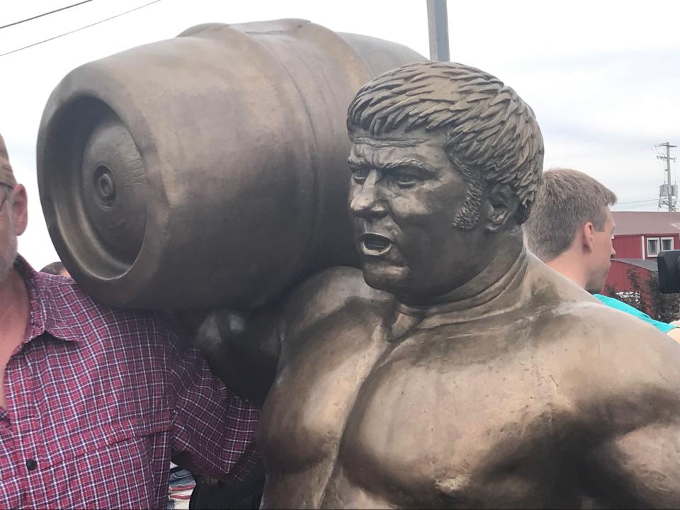 A close-up of the life-size bronze statue of Reggie "Da Crusher" Lisowski revealed June 8, 2019 in South Milwaukee.