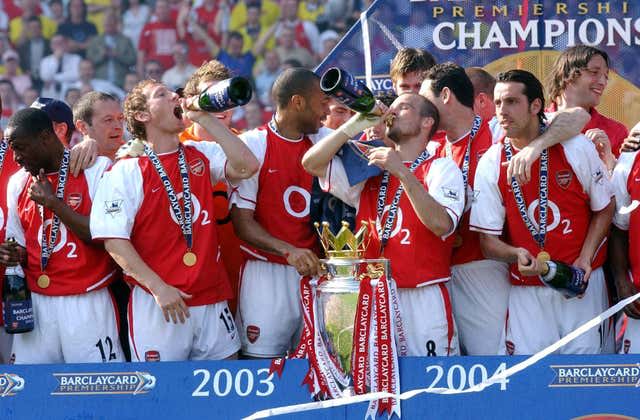 Arsenal's 'Invincibles' celebrate the 2003-04 Premier League title