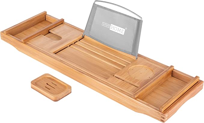 VIVOHOME Bamboo Expandable Bathtub Caddy. Image via Amazon.