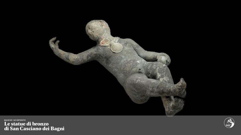 A newly discovered 2,300-year-old bronze statue is pictured.  Archaeologists in Italy uncovered more than two dozen bronze statues dating back to ancient Roman times in thermal baths in Tuscany.