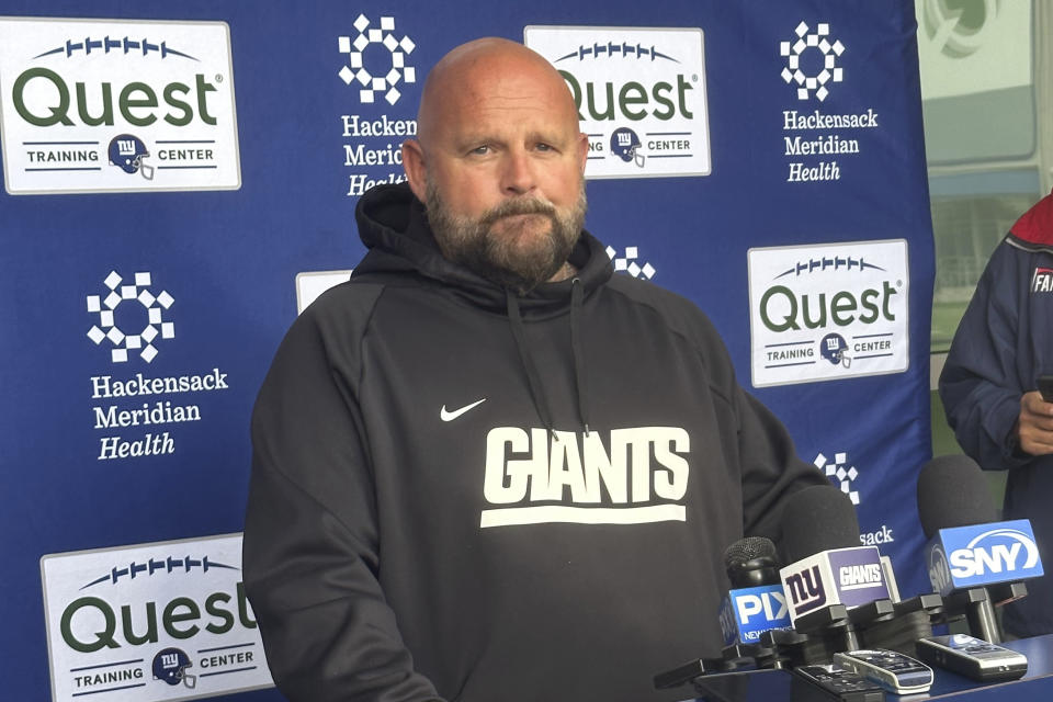 New York Giants coach Brian Daboll speaks with the media before NFL football practice, Wednesday, Oct. 18,2 023, in East Rutherford, N.J. (AP Photo/Tom Canavan)
