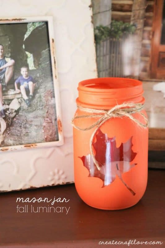 <p>Create Craft Love</p><p>These maple leaf mason jars aren’t hard to make, but they’ll make a big statement! You can place a candle in it or some flowers. Head over to <a href="https://www.createcraftlove.com/mason-jar-fall-luminary/?crlt.pid=camp.yJYqBpOcAR0k" rel="nofollow noopener" target="_blank" data-ylk="slk:Create Craft Love;elm:context_link;itc:0;sec:content-canvas" class="link "><em>Create Craft Love</em></a> for details on how to make them.</p>