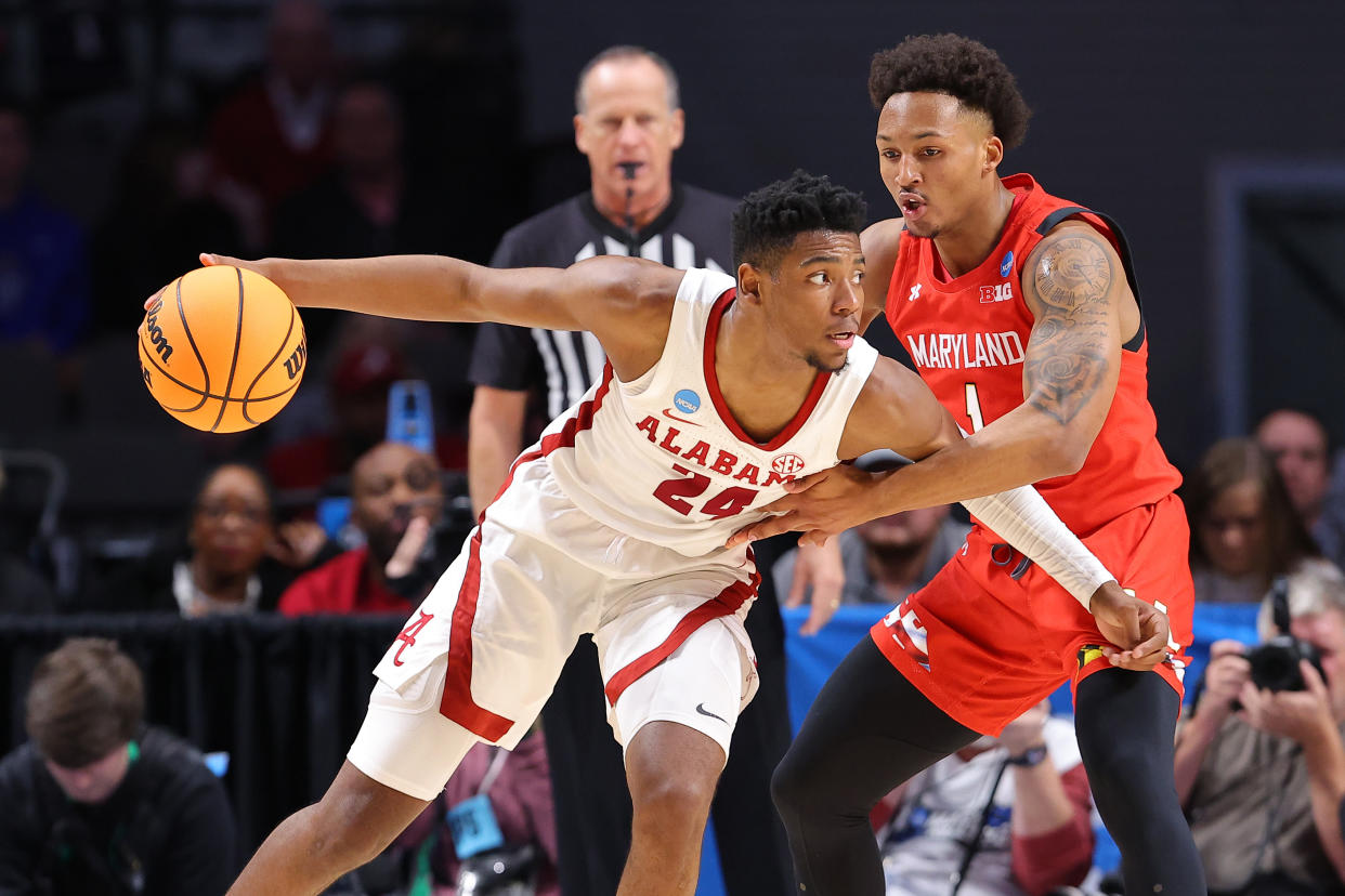 Brandon Miller (left) and Alabama didn't have much trouble dispatching Maryland in the second round of the NCAA tournament on March 18, 2023 in Birmingham, Alabama. (Photo by Kevin C. Cox/Getty Images)