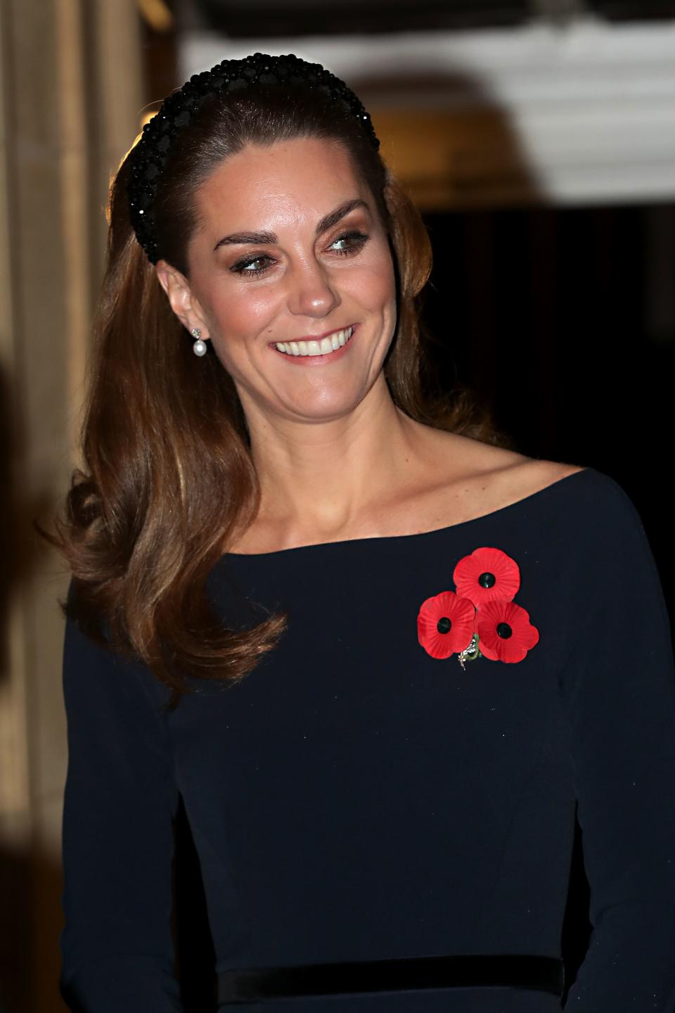 The Duchess of Cambridge wearing a padded headband at the annual Royal British Legion Festival of Remembrance at the Royal Albert Hall in London on November 9, 2019. (Getty Images)