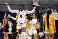 Auburn guard Aicha Coulibaly (5) reacts after a turnover during the second half of an NCAA college basketball game against Tennessee, Thursday, Jan. 27, 2022, in Auburn, Ala. (AP Photo/Butch Dill)