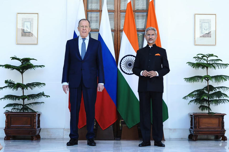 Indian Foreign Minister S. Jaishankar and his Russian counterpart, Sergey Lavrov, met in New Delhi on Friday. (AP)