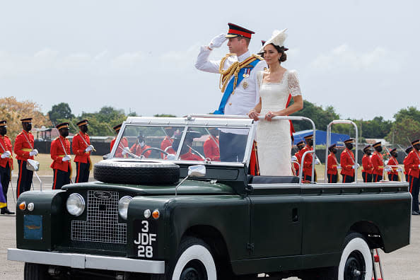 <div class="inline-image__caption"><p>Catherine, Duchess of Cambridge and Prince William, Duke of Cambridge ride in a Land Rover as they attend the inaugural Commissioning Parade for service personnel from across the Caribbean with Prince William, Duke of Cambridge, at the Jamaica Defence Force on day six of the Platinum Jubilee Royal Tour of the Caribbean on March 24, 2022 in Kingston, Jamaica.</p></div> <div class="inline-image__credit">Pool/Samir Hussein/WireImage</div>