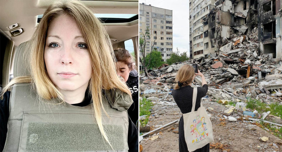 Victoria Amelina wears a bullet proof vest as she travels in a car in Ukraine.