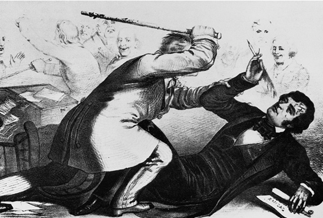 <span class="caption">A cartoonist's image of Sen. Charles Sumner's May 1856 beating by South Carolina Rep. Preston Brooks. </span> <span class="attribution"><a class="link " href="https://commons.wikimedia.org/wiki/File:Southern_Chivalry.jpg#/media/File:Southern_Chivalry.jpg" rel="nofollow noopener" target="_blank" data-ylk="slk:Wikipedia;elm:context_link;itc:0;sec:content-canvas">Wikipedia</a></span>