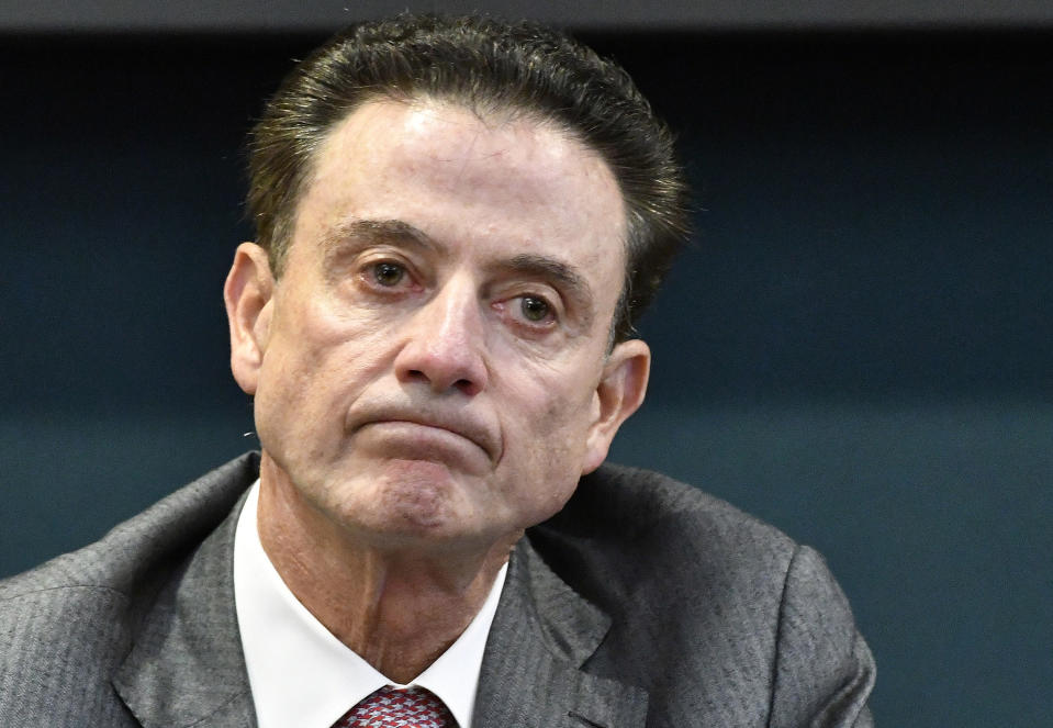 Louisville coach Rick Pitino reacts to a question during an NCAA college basketball press conference. (AP)