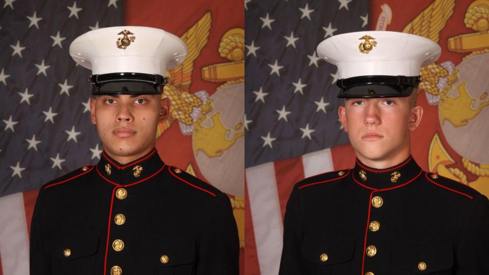 Lance Cpl. Jonathan E. Gierke, left, and Pfc. Zachary W. Riffle, right, pose for a recruit training graduation photo at Marine Corps Recruit Depot Parris Island, South Carolina. (Marine Corps)