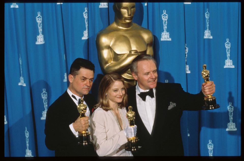 120528 04: Best Actor recipient Anthony Hopkins, Best Actress recipient Jodie Foster and Best Director recipient Jonathan Demme hold their Oscars at the 64th annual Academy Awards March 30, 1992 in Los Angeles, CA. The Academy of Motion Picture Arts and Sciences awarded five Oscars to the film "Silence of the Lambs." (Photo by John Barr/Liaison)