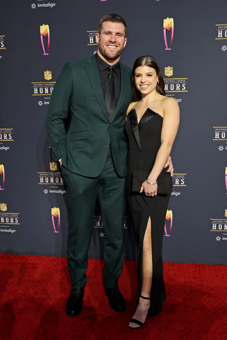 T. J. Watt and fiancée Dani Rhodes attend the 11th annual NFL Honors at YouTube Theater on Feb. 10, 2022, in Inglewood, California. Watt won the Defensive Player of the Year award later that night.