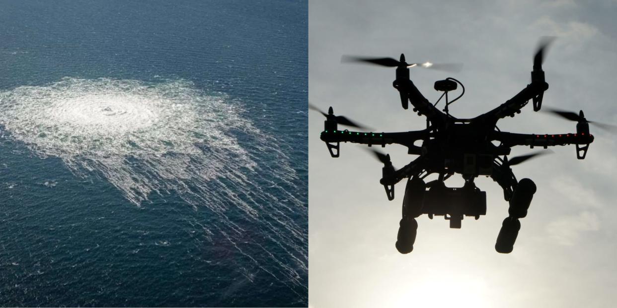 Denmark reports leak in Russian Nord Stream 2 offshore gas pipeline, Hexacopter drone taking aerial photos at sunset