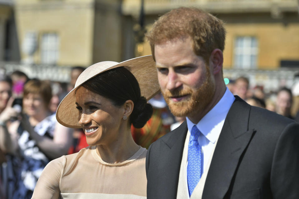 Prinz Harry und Herzogin Meghan bei Prinz Charles’ vorgezogener Geburtstagfeier im Buckingham-Palast am 22. Mai 2018. (Bild: Dominic Lipinski/Pool Photo/AP Photo)